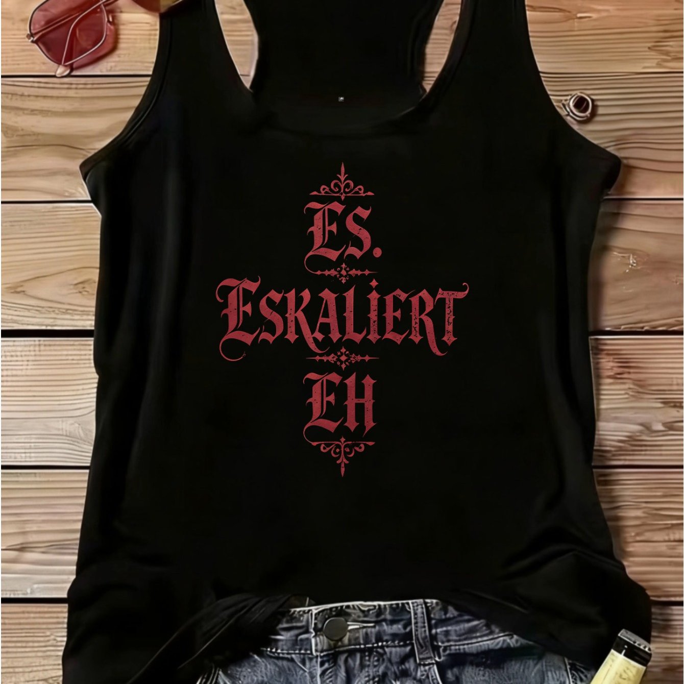 Image of Women's "es Eskaliert Eh" Red Gothic Cross German Text Graphic Tank Top, Dark Aesthetic Sleeveless Top, Party Casual Racerback Tank