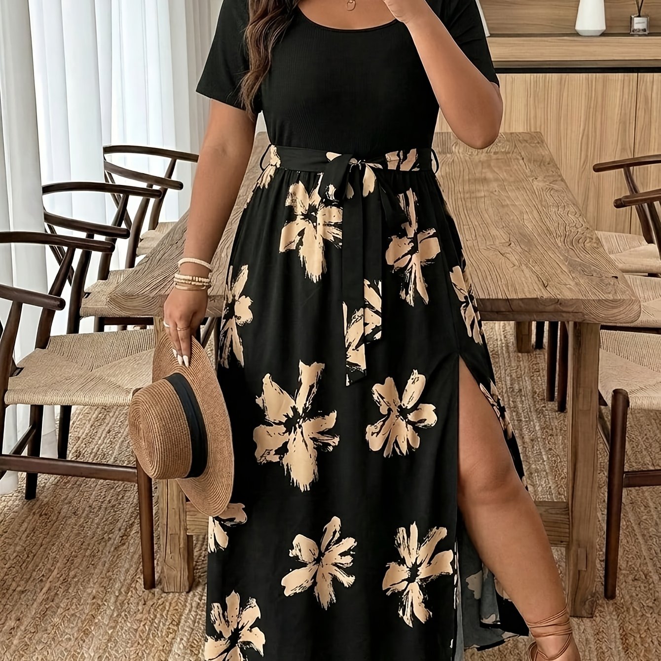 Plus Size, Plus-size Solid Color Leopard Print Short-sleeve Dress, Suitable For Vacation, Beach, And Casual Attire