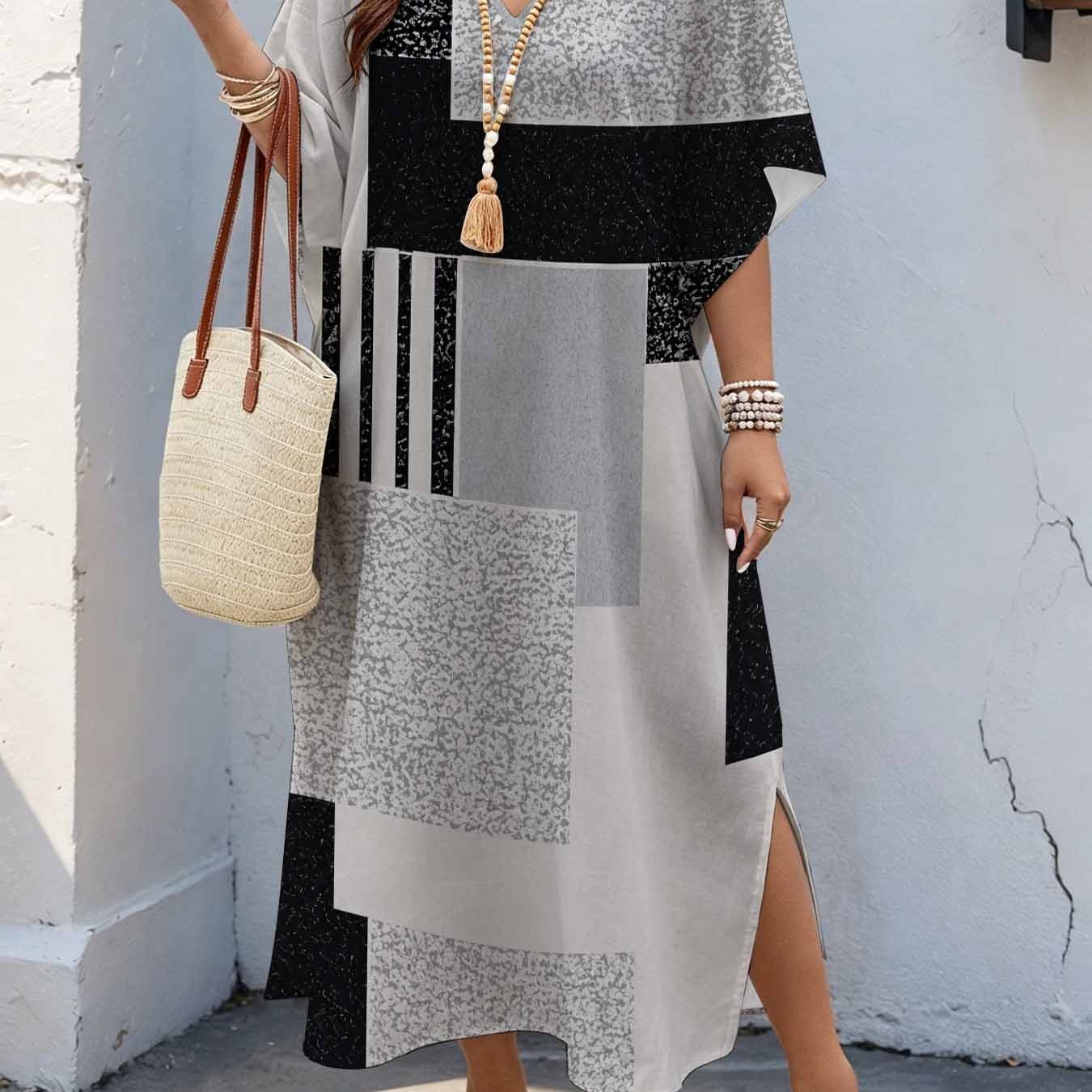 Plus Size Women's 08xl Minimalist , Geometric Abstract Print Maxi Dress, V-neck Batwing Sleeve Dress With Double Side Slits, Loose Casual Summer Dress For Curvy Women