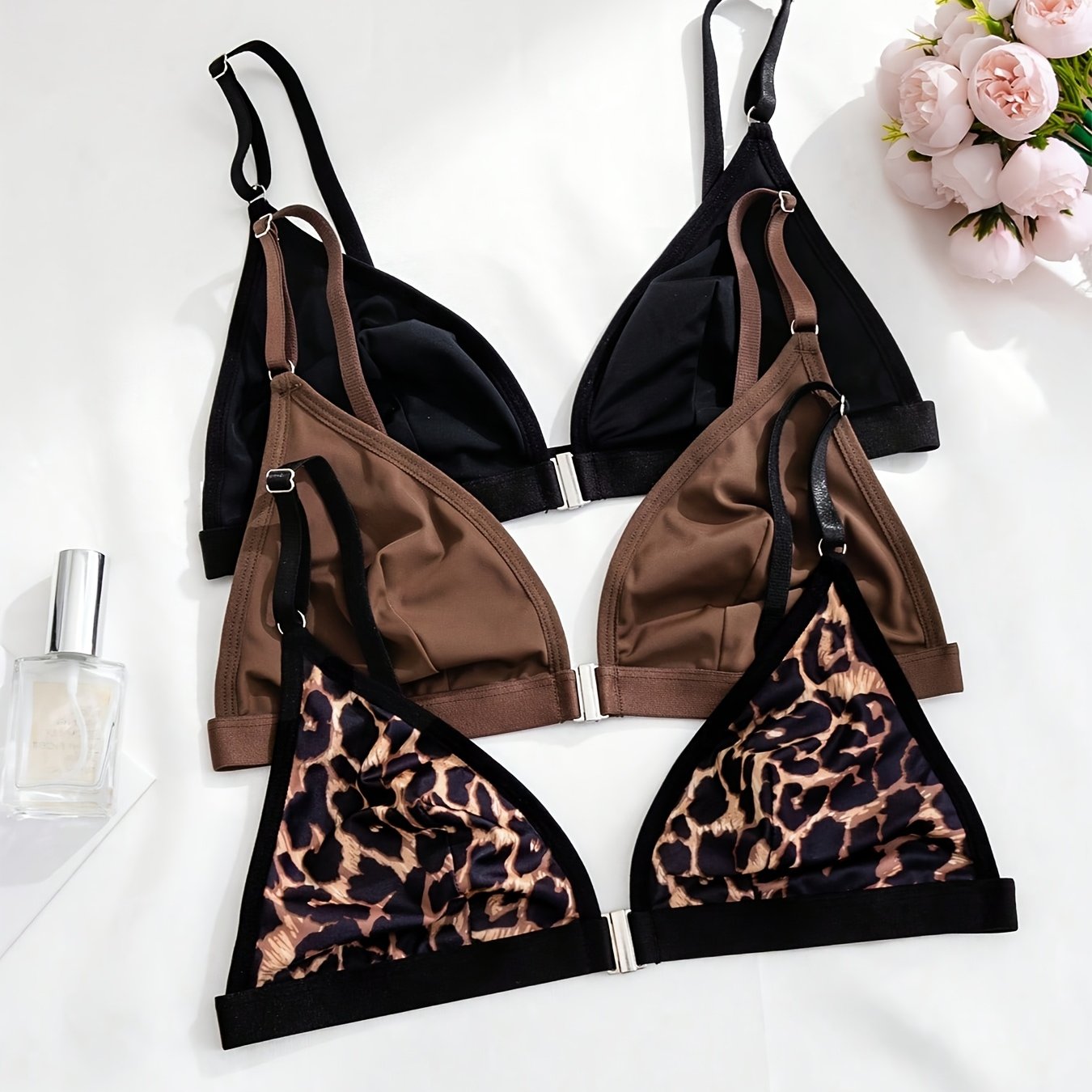 TEMU 3pcs Comfortable Solid Color Leopard Print Women's Front-closure Wireless Bra Set