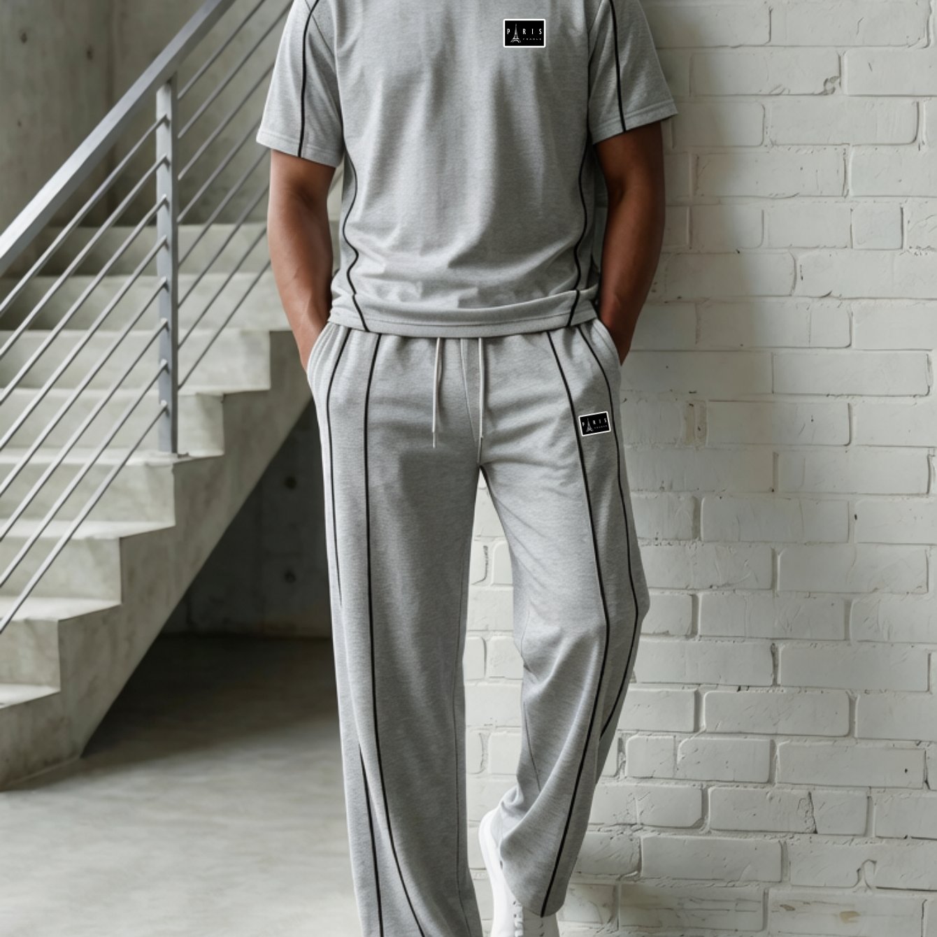 Two-piece Set: Men's Business-casual & Athletic Style - Printed Short-sleeve Top With Matching Trousers - Multiple Colors