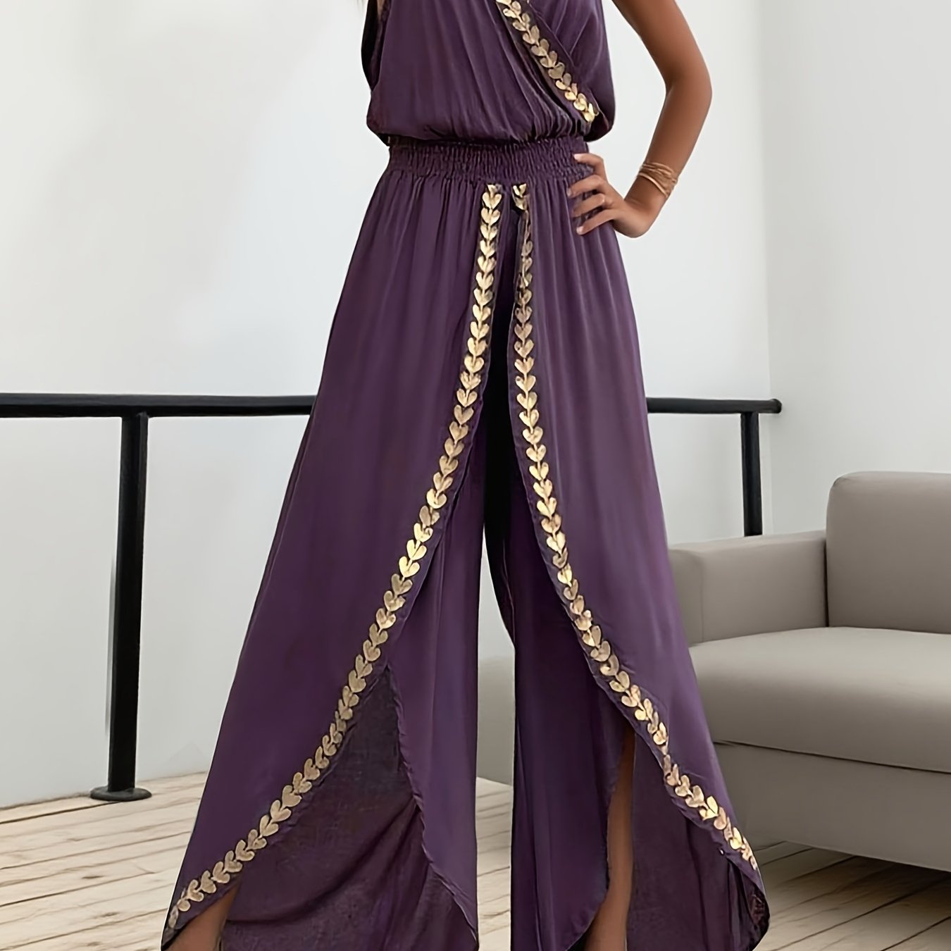 E-shop Eleganter Sommer Jumpsuit, Schleifen-Spitzenbesatz Design, Asymmetrischer Damen Jumpsuit mit weitem Bein, Elegante und modische Damenmode,