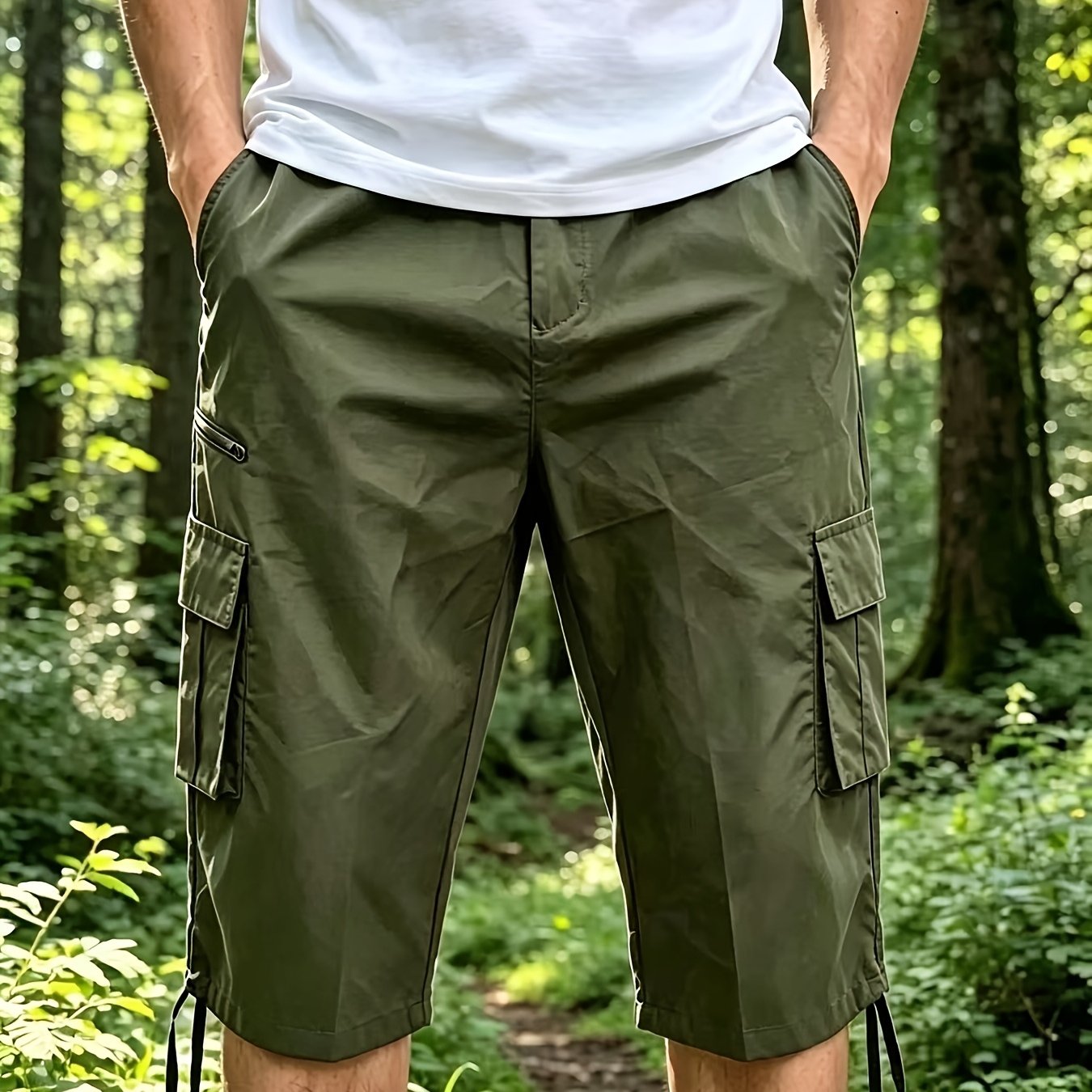 TEMU Plus Size Men's Cool, Breathable, Quick-drying Cargo Capri Pants With A Loose, Straight-, Dual Three-dimensional Cargo Pockets, Side Small