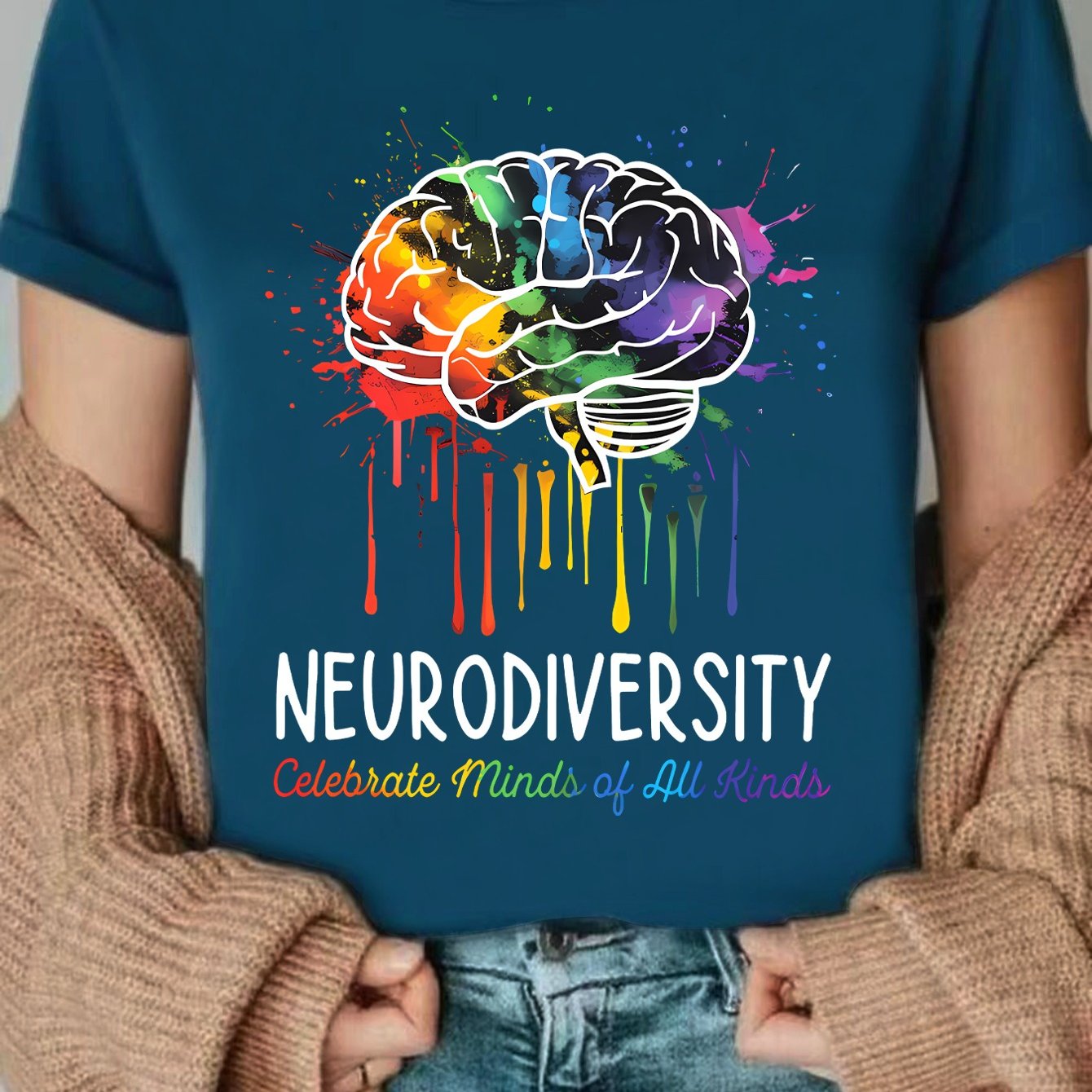 TEMU Colorful Brain Print T-shirt, Neurodiversity T-shirt, Celebrating Of Thinking, Autism , Special Education Teacher, Mental Health Awareness