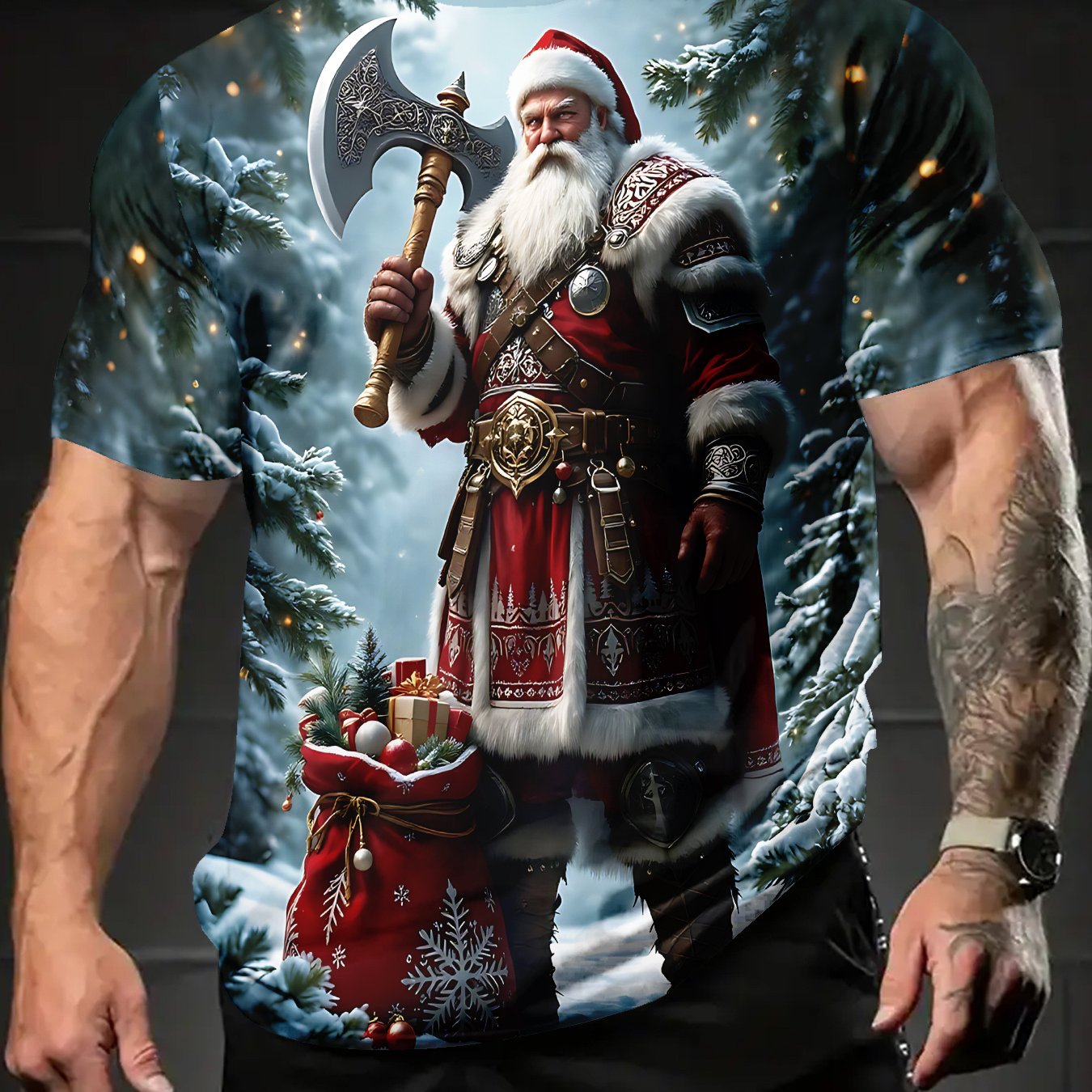 TEMU Summer Men's 3d Christmas "viking Santa" Themed T-shirt, Casual Versatile Men's Round Neck Short Sleeve, Suitable For Daily Wear, Polyester