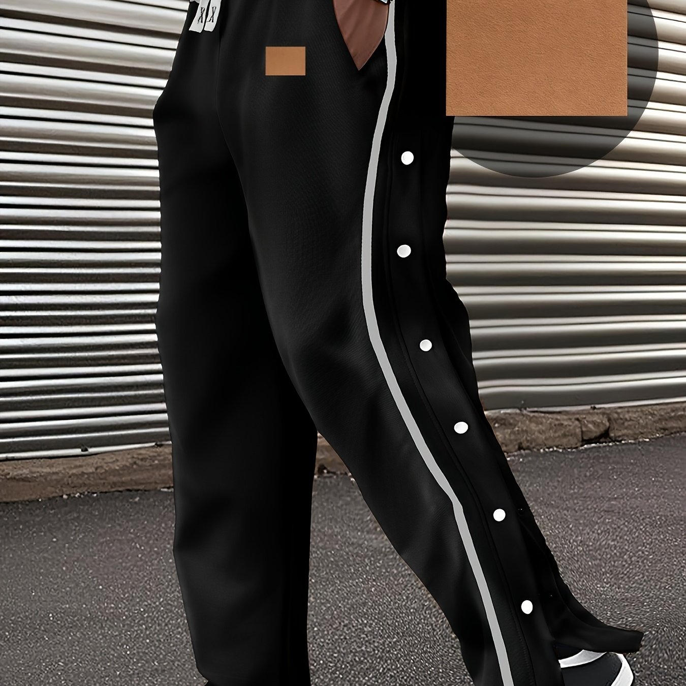 TEMU Men's Casual Zip-up Button Sweatpants, Loose Fit, Handcrafted Fashion Logo, Side , Comfortable Straight Leg Athletic Wear, Perfect For Street