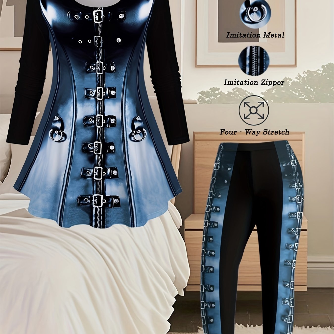 Women's Suit, Metal, Zipper Print Element, Fashionable Casual Long-sleeved Top And 9-point Leggings Set