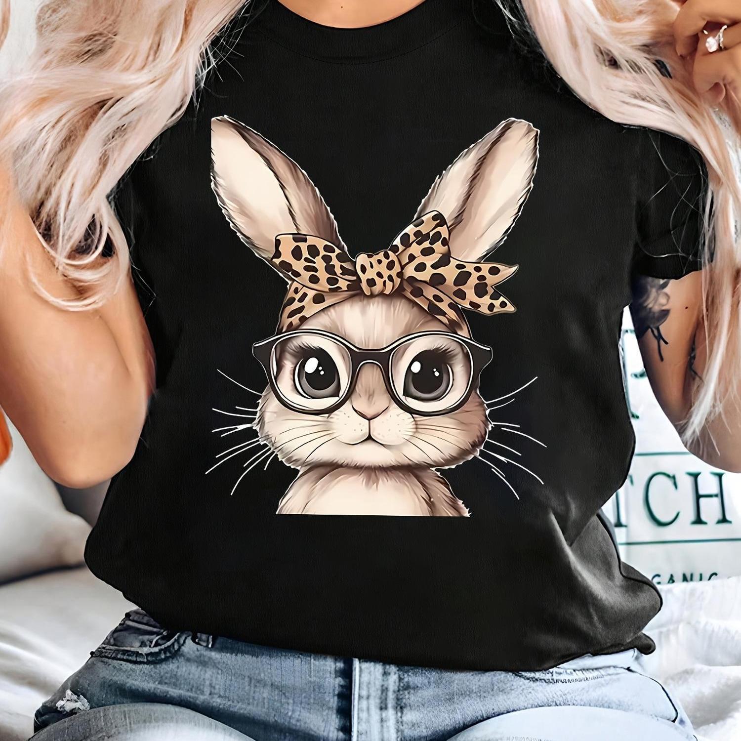 TEMU Women's Casual Crew Neck T-shirt With Bunny Graphic Print, Short Sleeve Knit Fabric Top For All
