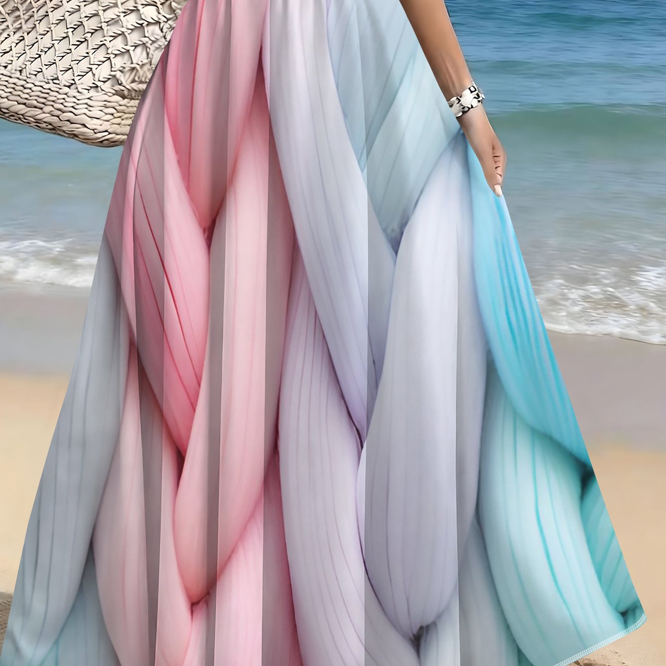 TEMU New Summer Women's Soft Gradient Color Texture Print Skirt, High-waist Flared Flowing Vacation Casual Long Skirt