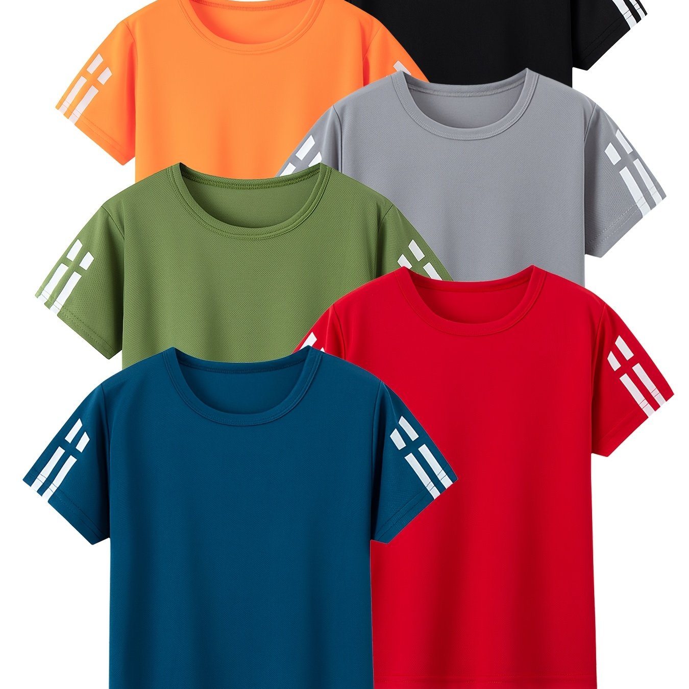 6-pack Boys' Short Sleeve T-shirts | , Loose Fit, Breathable, Side Stripe Print, Solid Colors, Ideal For Casual And Sportswear, Ages 4-13