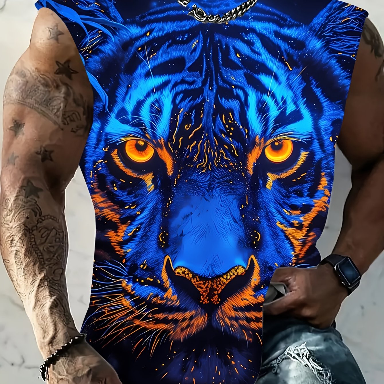 TEMU Men's Tank Top, 3d Printed Tiger Pattern, , Ideal For Summer Outdoor Activities, Sports And Beach Vacations