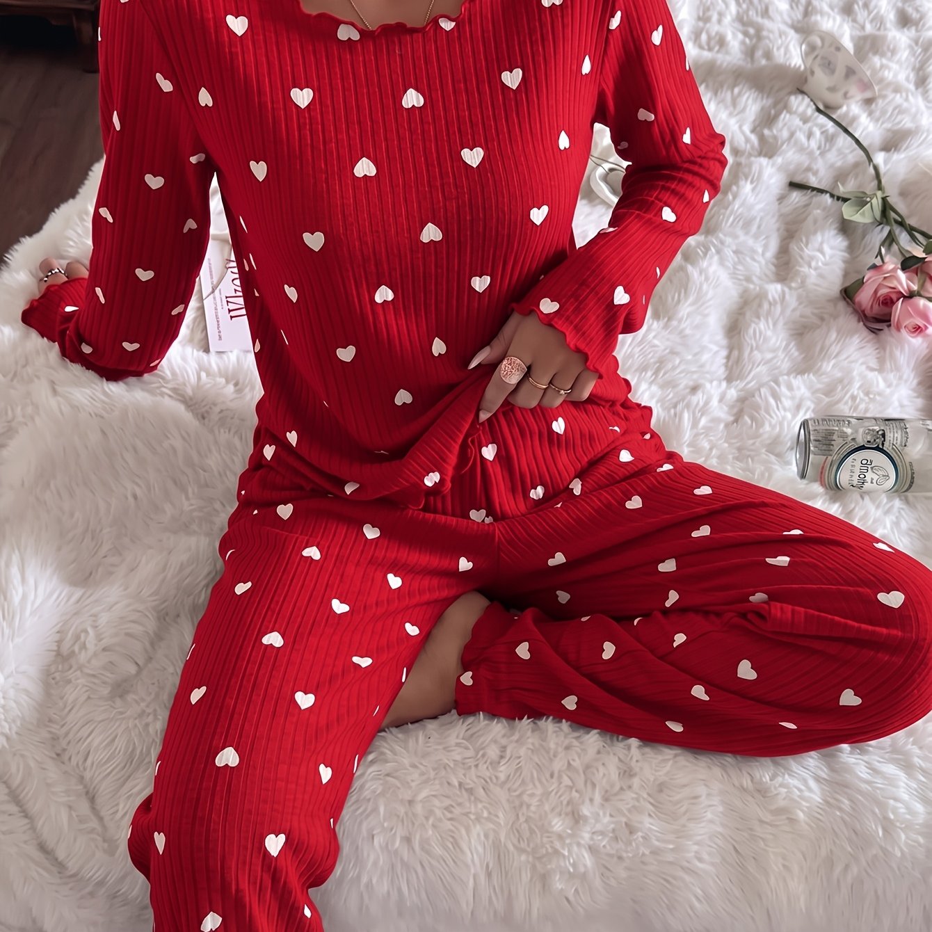 TEMU Ensemble Pyjama Femme Chaud Automne Hiver 2 pièces en , Haut Tendance INS Col Rond à Manches Longues avec Coeur, Pantalon de Lounge à Taille