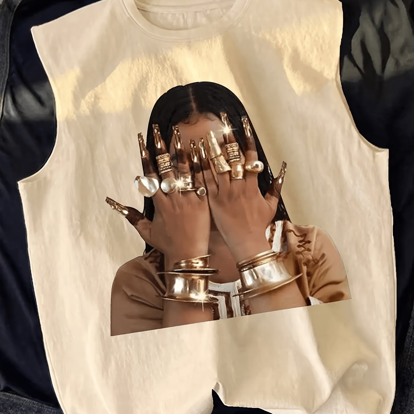 TEMU Men's Luxurious Hip-hop Vest With Golden Jewelry And Handprint, Casual Sleeveless Street Style Top