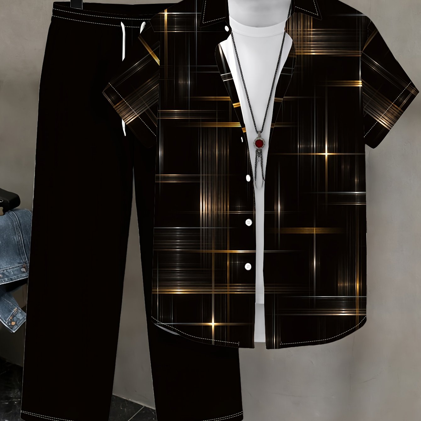 TEMU Western Men's Summer Collared Shirt And Straight Trousers Casual Breathable Two-piece Outfit