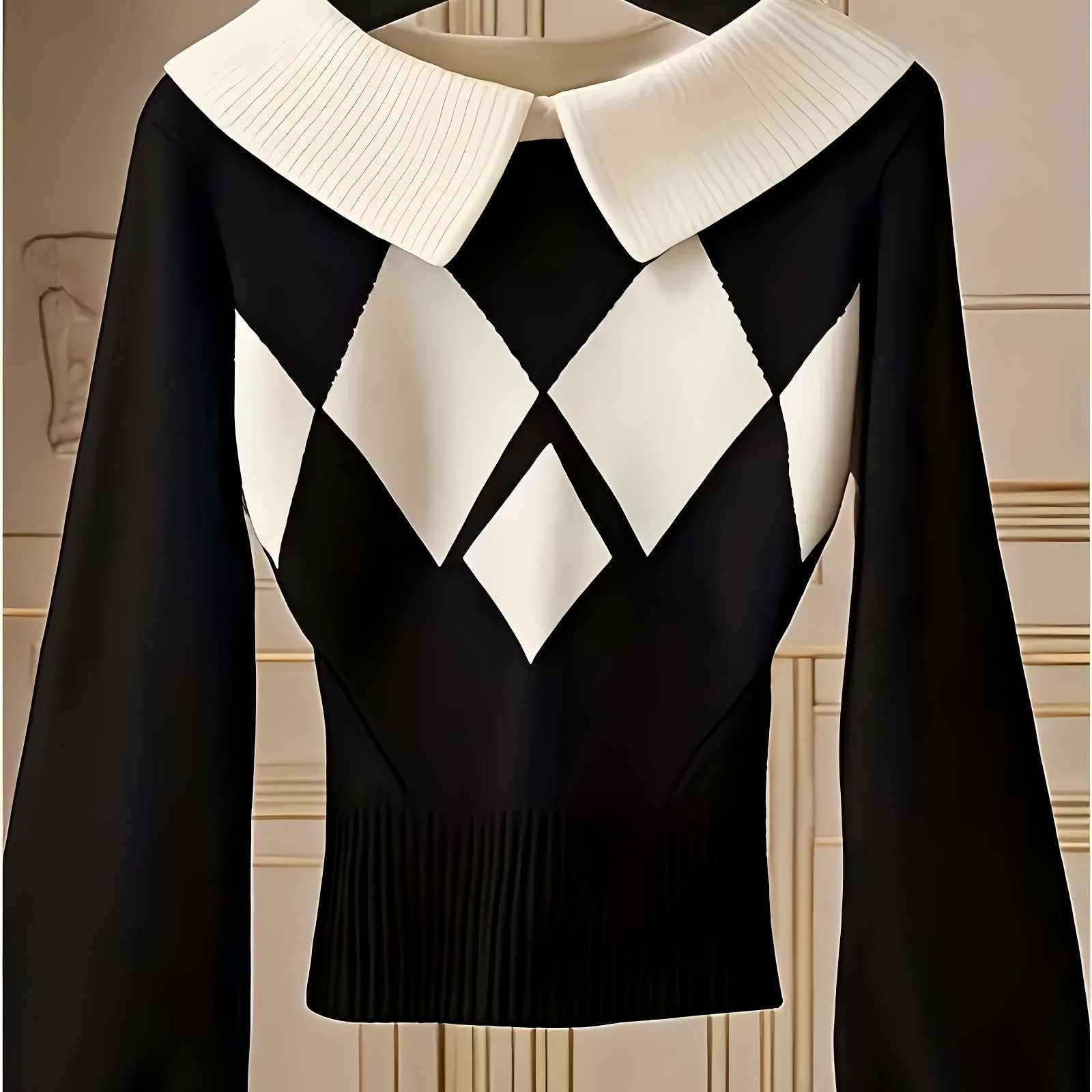 TEMU Women's Elegant Sweater Lapel Diamond Knitwear Black And Collision Long Sleeve Pullover Lazy Wind Tops For Office, Party, Daily Wear - Fall And