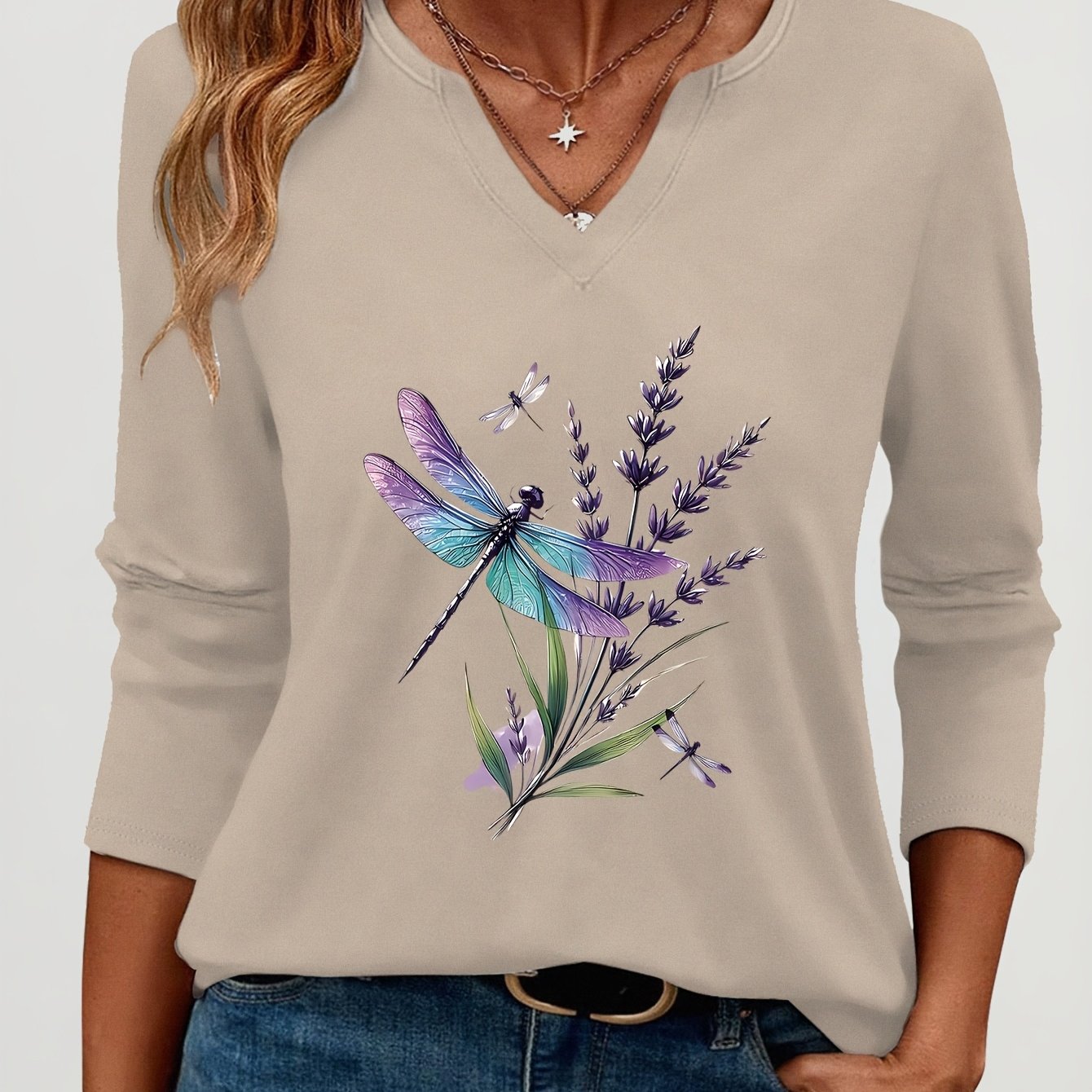 TEMU A V-neck, Three-quarter Sleeve T-shirt Featuring A Purple Lavender And Gradient Dragonfly Pattern Print, Breathable And Comfortable, Street