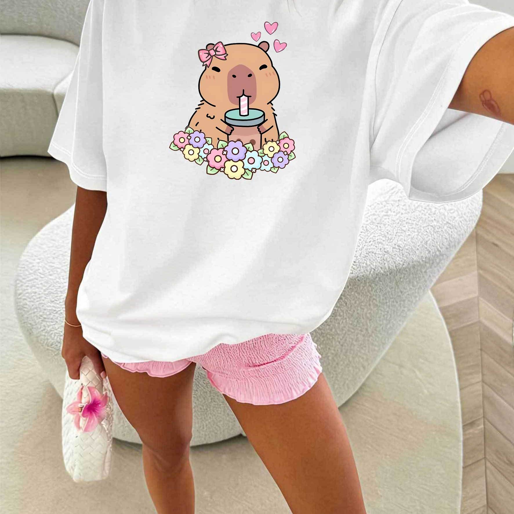 TEMU Art Design Hot Capybara Milk Tea Pattern, Easy Individual Women's Casual Short Sleeve T-shirt, Round Neck Pullover, Fashionable Trendy Elegant