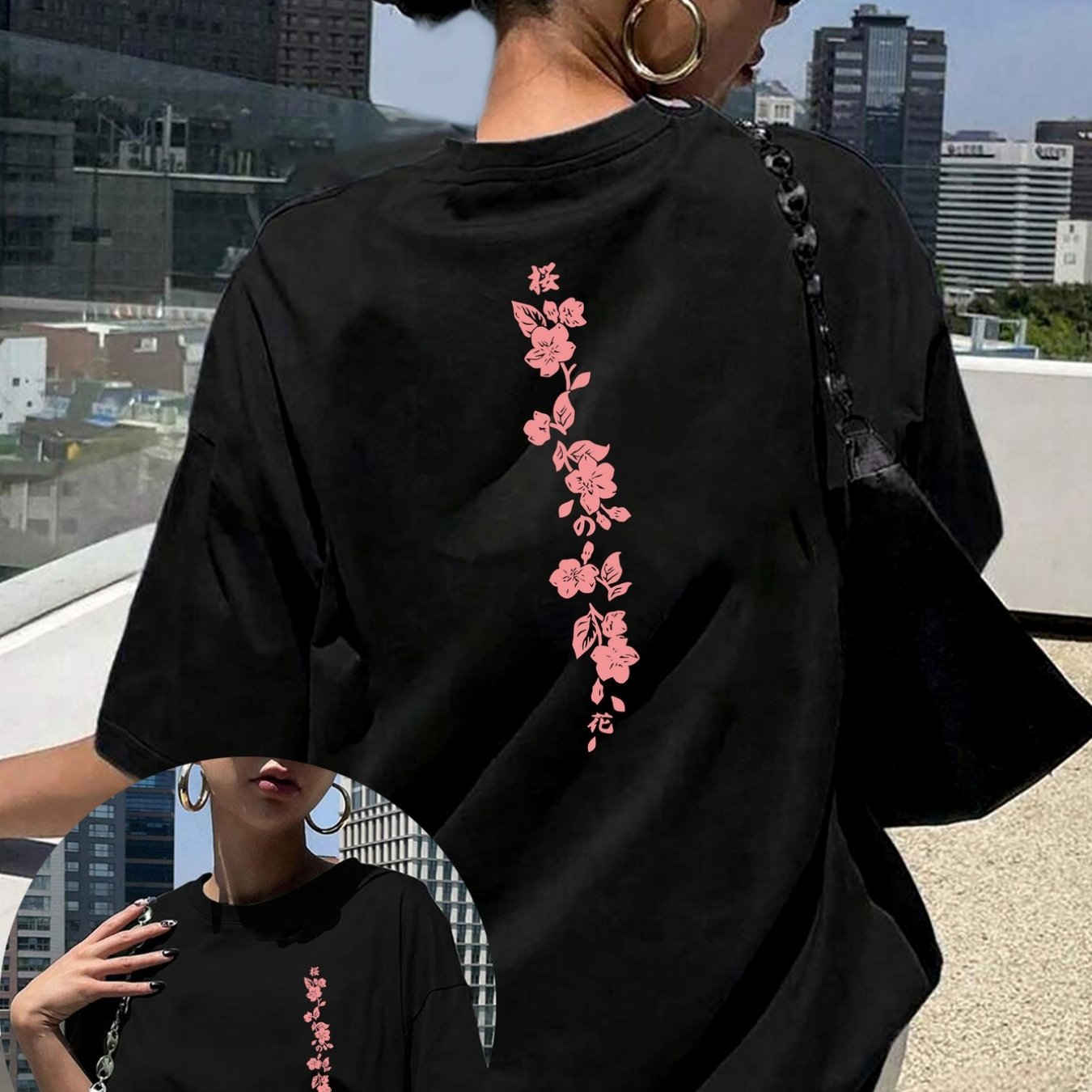 TEMU Front And Back Printed Short-sleeve T-shirt - Cherry , Spring Print Crew Neck Short-sleeve T-shirt - Stylish, Comfortable, Breathable, And
