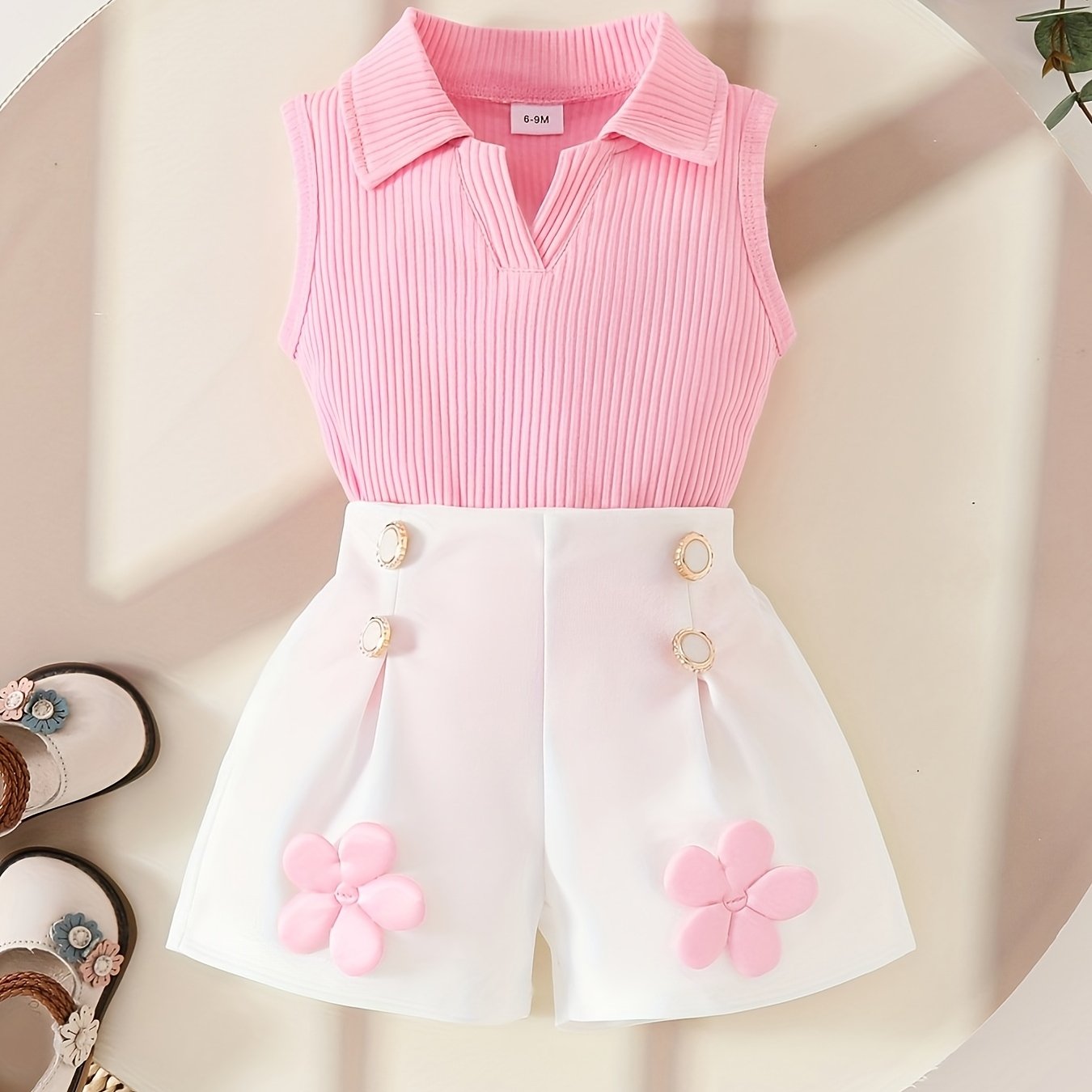 Image of A Stylish Summer Outfit For Girls Featuring A Sleeveless Solid-colored Top With A Collar And White Floral Shorts, Perfect For Outdoor Wear
