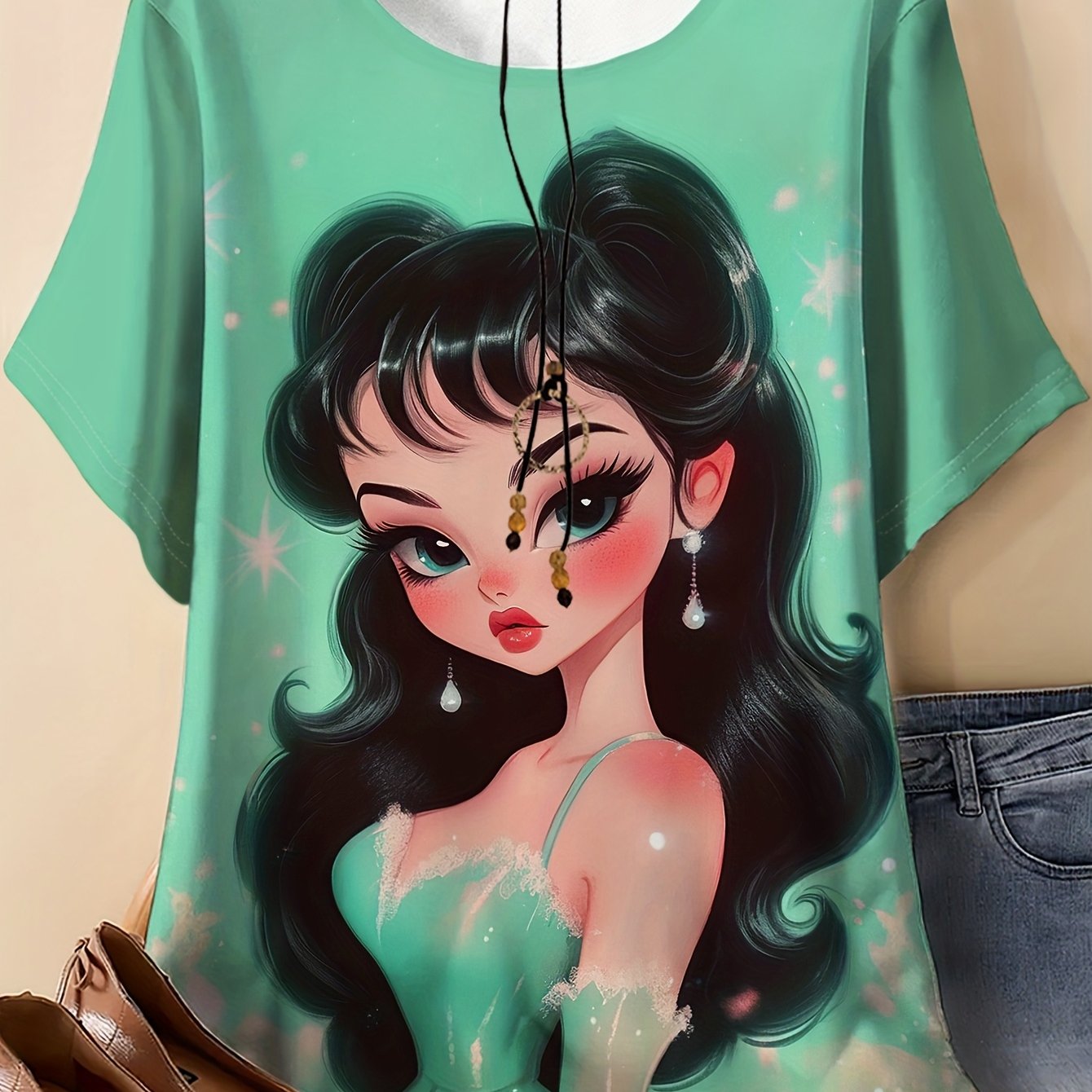 Image of Plus Size, , Women's Printed T-shirt- Elastic Summer Casual Top Printed, Round Neck Short Sleeve Shirt, Outdoor Use