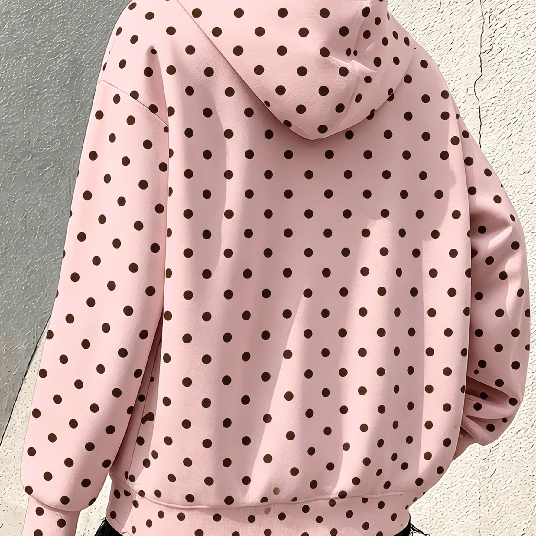 TEMU Plus Size, Pink Base Dark Brown Polka Dot Zipper Hooded Sweatshirt For Women, Spring/autumn Casual Outerwear
