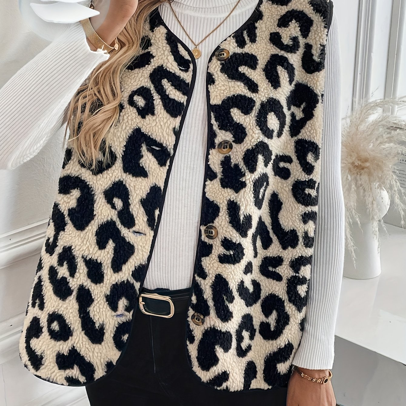 E-shop Damenmode Casual Leopardenmuster Kunstleder Weste Mantel / Neuer Herbst Winter Vielseitiger Warmer Kunstleder Damen Weste Mantel
