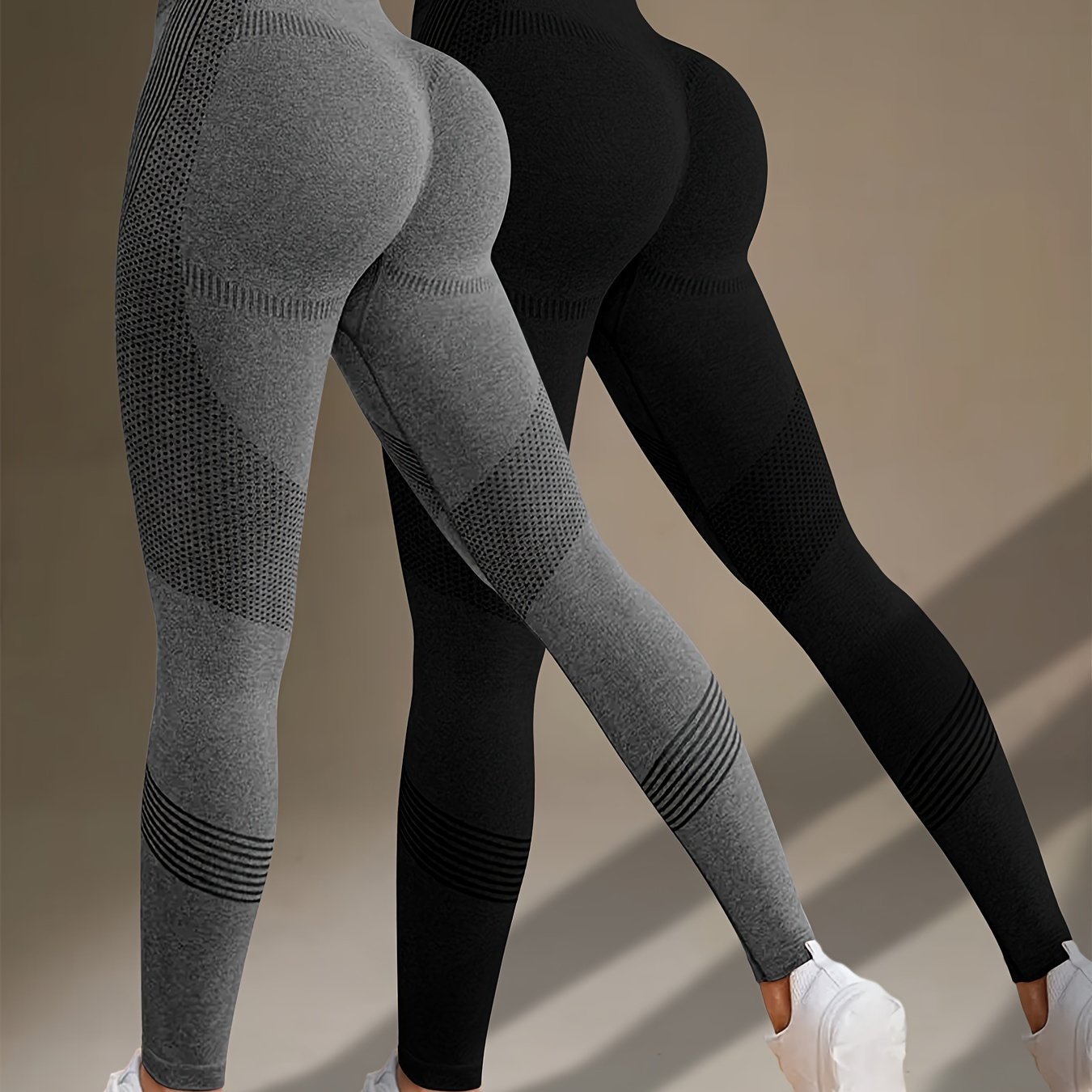 E-shop 2 Stück einfarbige Fitness Leggings, hohe Dehnung Bauchkontrolle Yoga Leggings, Damen Sportbekleidung