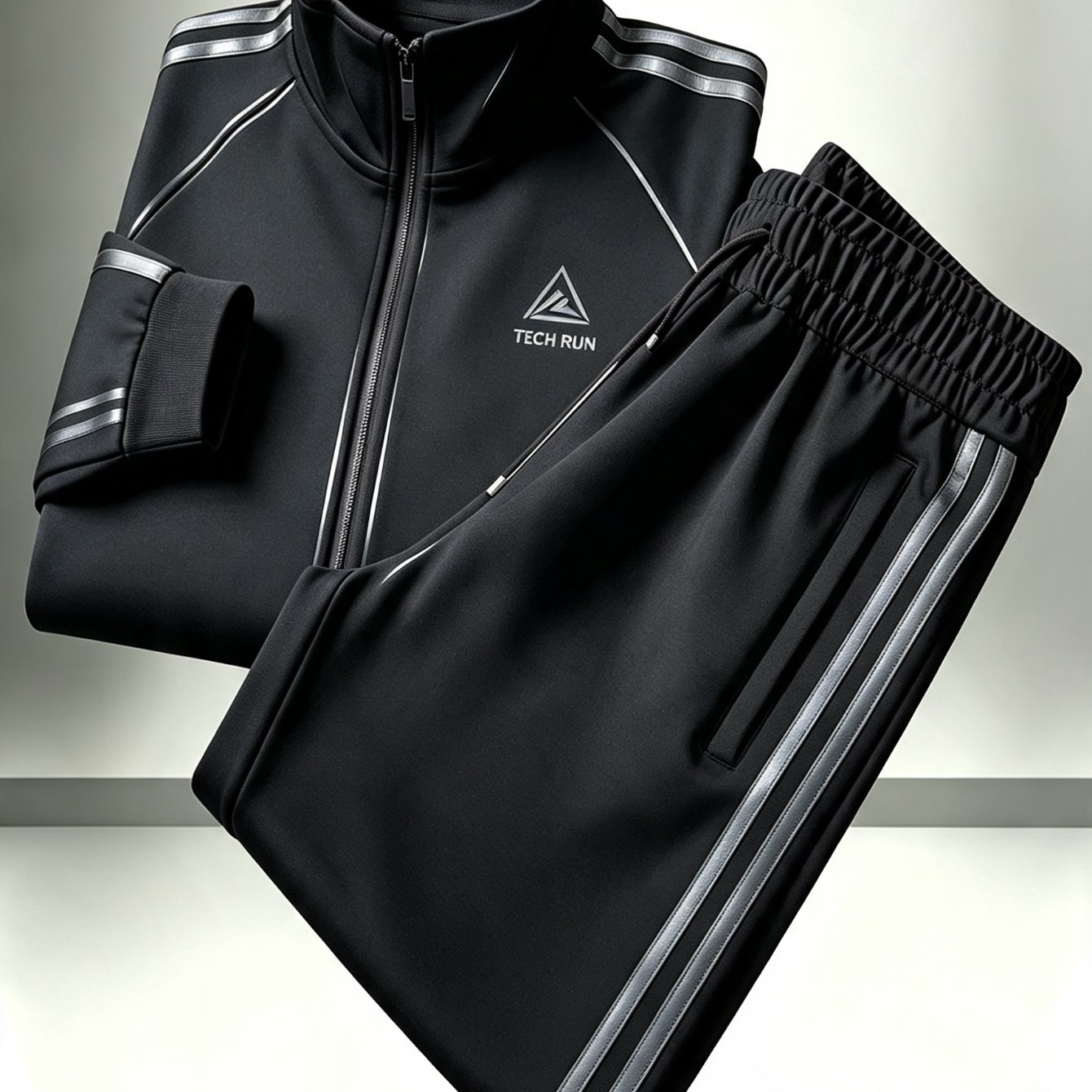 Image of Men's Polyester Stand Collar Zipper Sports Set Simple Printed Side Stripe Loose Casual 2pcs Suit