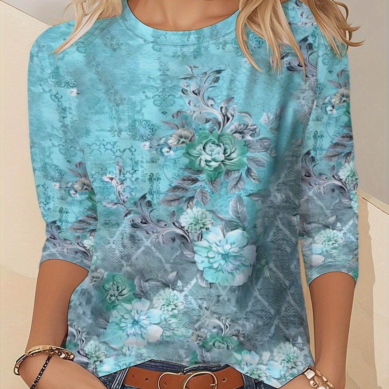 TEMU Damens Casual Grafikdruck T-Shirt - Langarm, Rundhalsausschnitt, Hellblau Blumenmuster, Weicher Polyesterstoff, für Frühling & Herbst, Damen