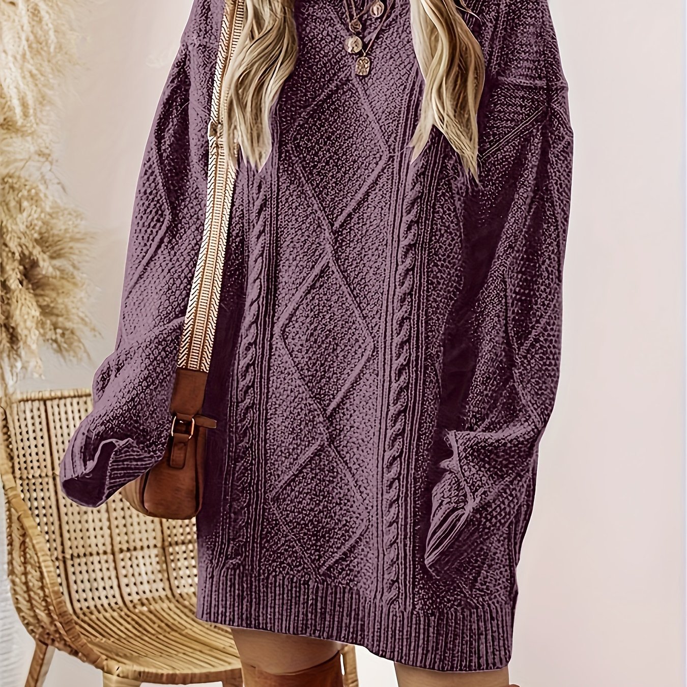 TEMU Robe pull à col rond pour femme, avec un corps à motif , une texture épaisse à torsades chevronnées et une coupe ample pour un effet de style