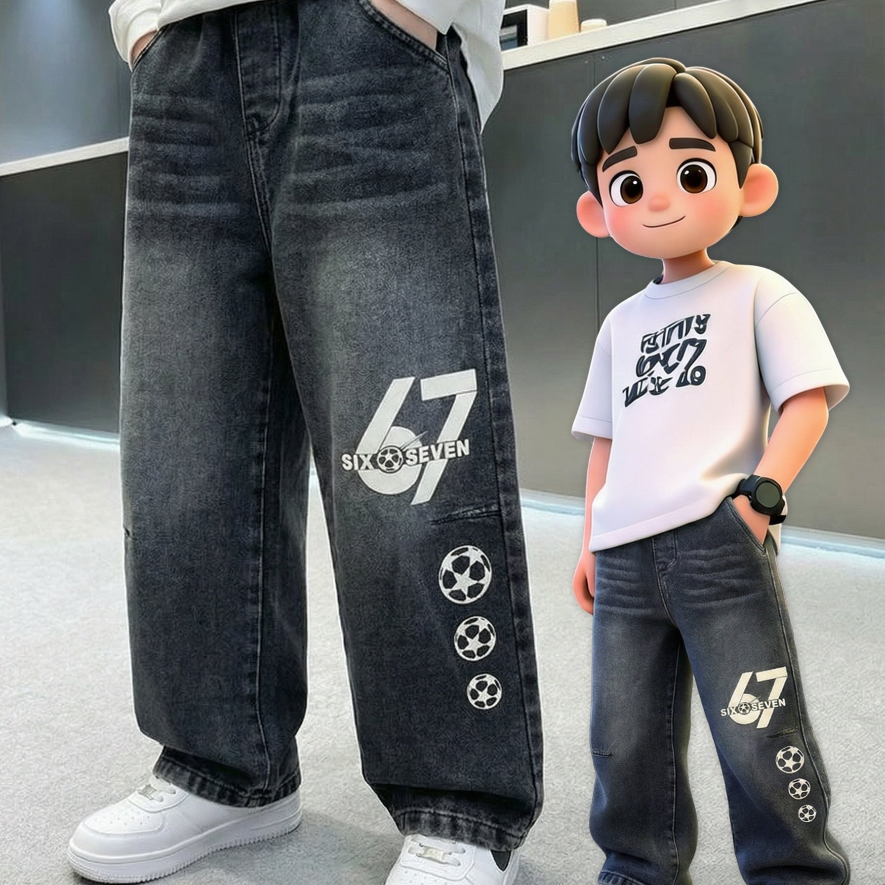 Image of Boys' Black Jeans With Soccer Print And Popular Internet Meme "67" Number Print Children's Clothing Pants
