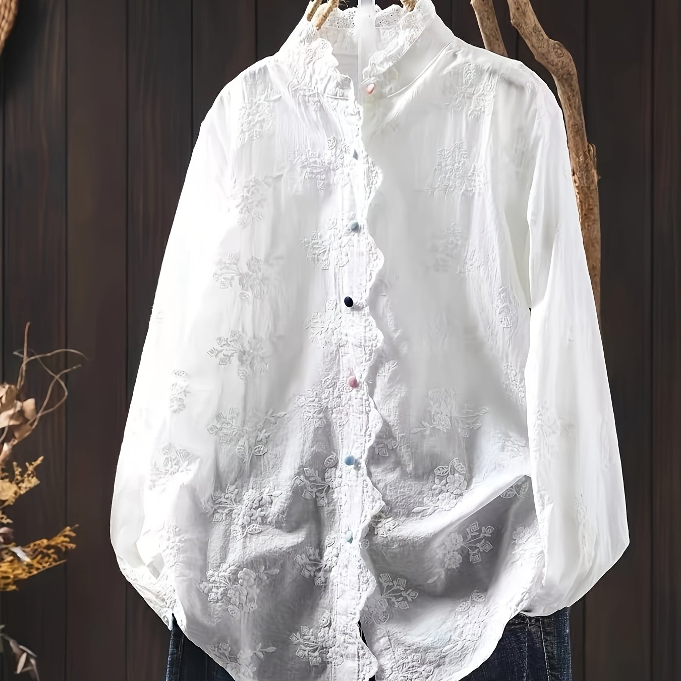 Loose And Colorful Button Lace Fungus Ear Collar Jacquard Long-sleeved Shirt Women