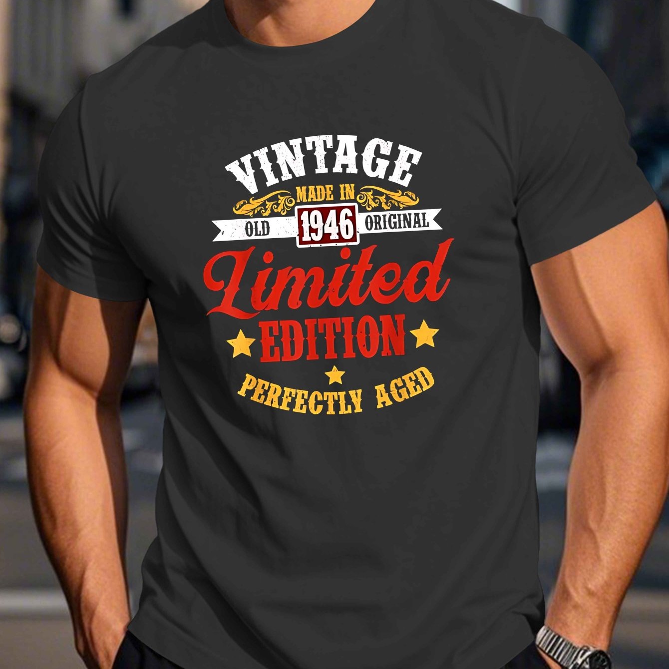 TEMU Men's Vintage 1946 Edition T-shirt - 70  Years Iconic Round Neck Summer Top, Casual Wear & Item, Machine Washable Retro Tee Suitable For Men's