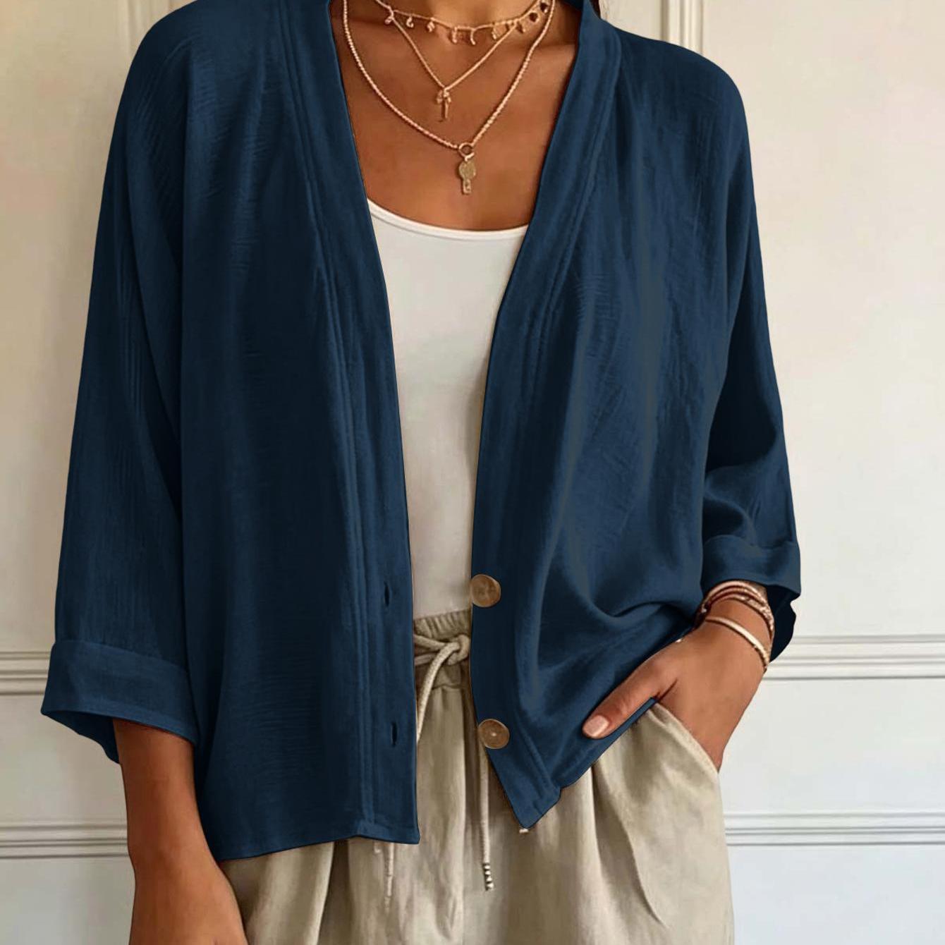 Women' Blend Open Front Cardigan V Neck 3/4 Rolled Sleeve Button Lightweight Loose Casual Summer Beach Cover Up Shirt