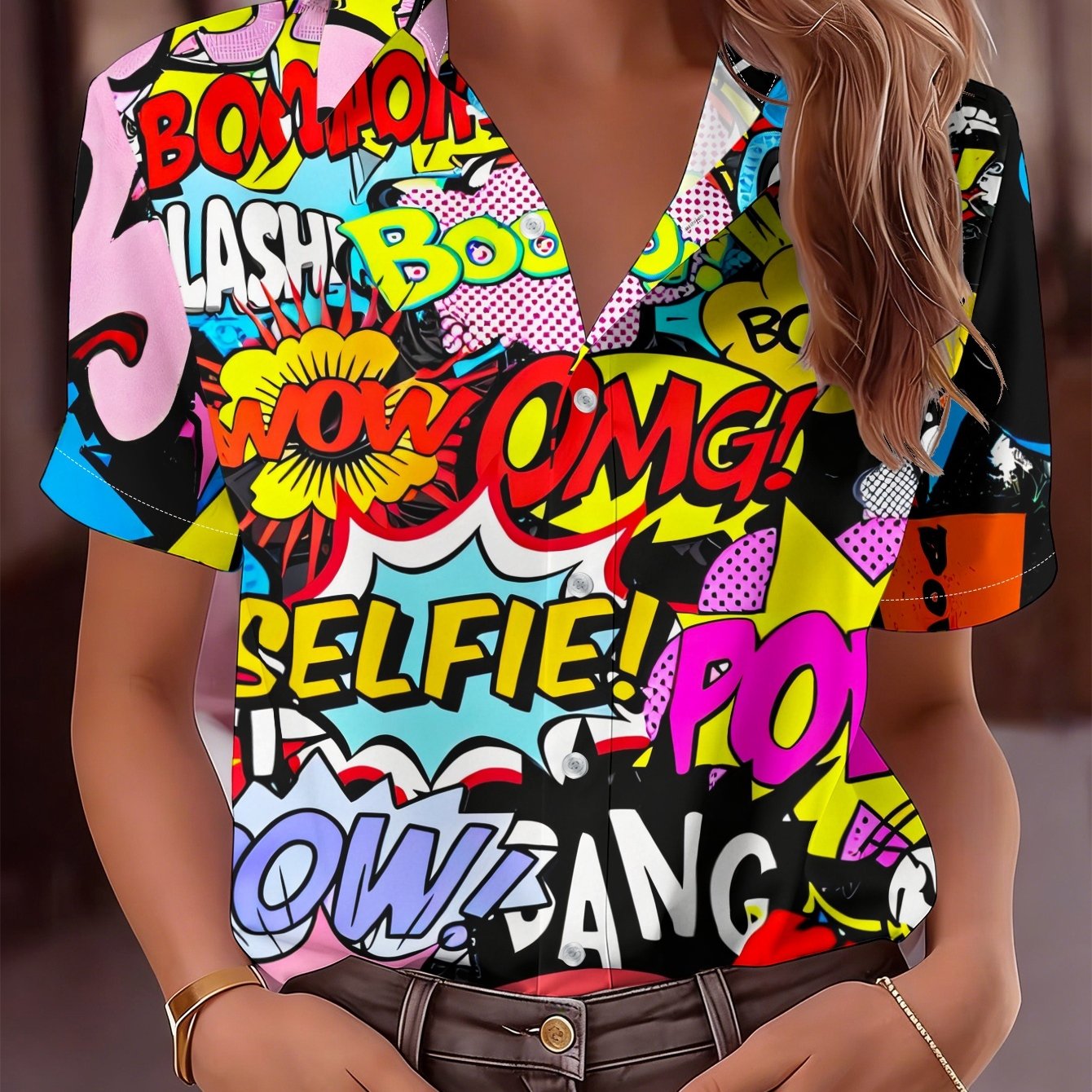 TEMU Camiseta de manga corta para mujer, diseño de estampado de cómic de moda, ajuste regular, top casual diario versátil, cómoda, de moda