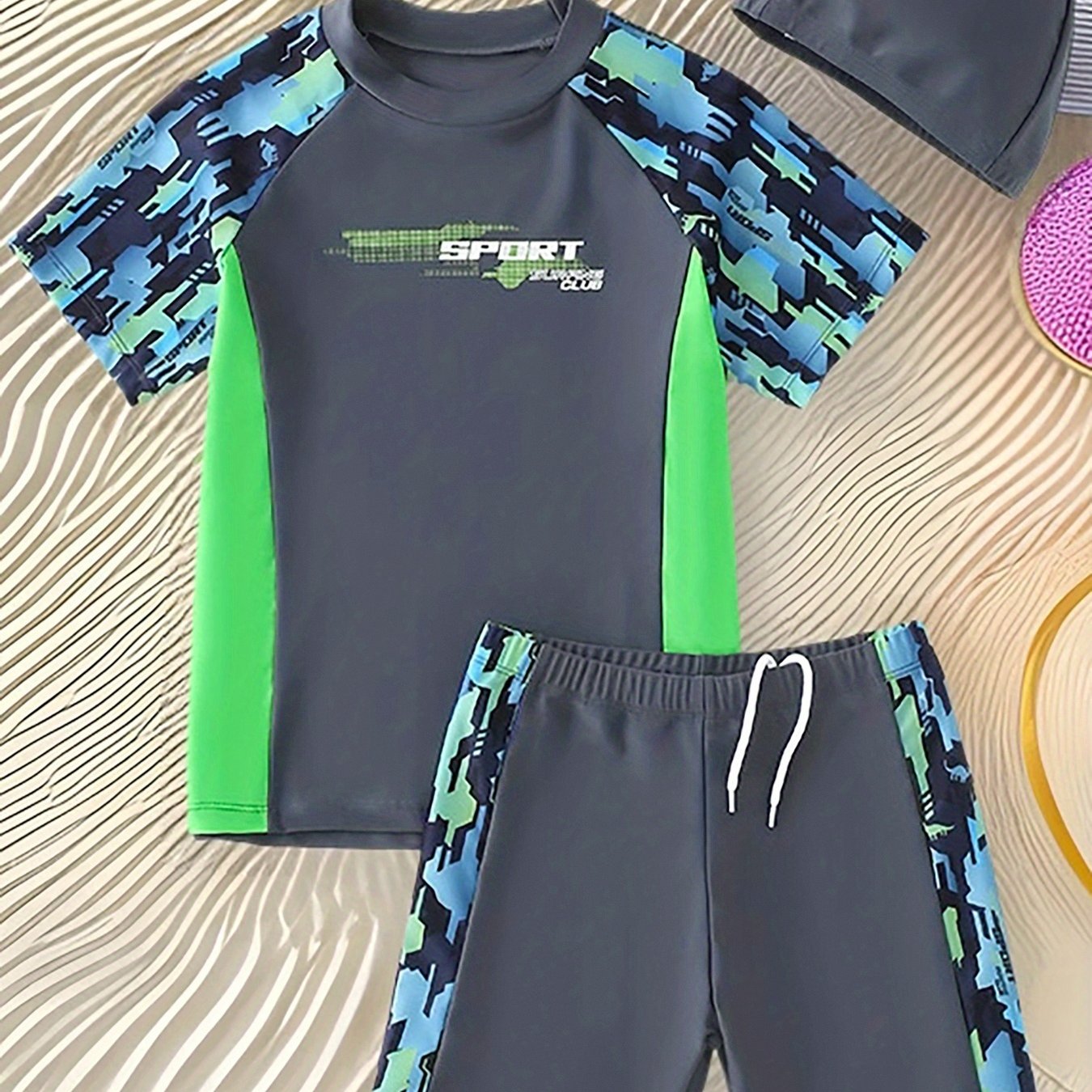 Image of Boys' Fashion Swimwear 3pcs Set, Soft Comfortable Quick-dry Breathable Fabric, Beach Surfing Suit, Swimming Training Suit, Boys' Daily Trendy Style Swimwear And Swim Trunks Swimming Pool