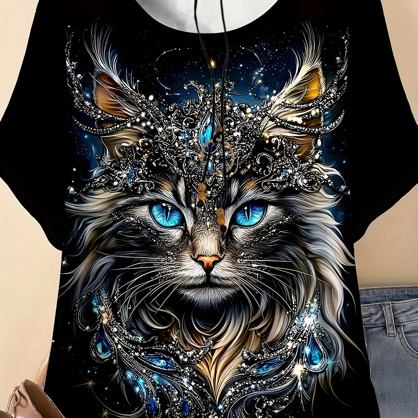 TEMU Plus Size Women's Casual Short Sleeve T-shirt - Starry Sky Swirl Cat Print, Lightweight Breathable Fabric, Loose Round Neck Summer Top, Machine