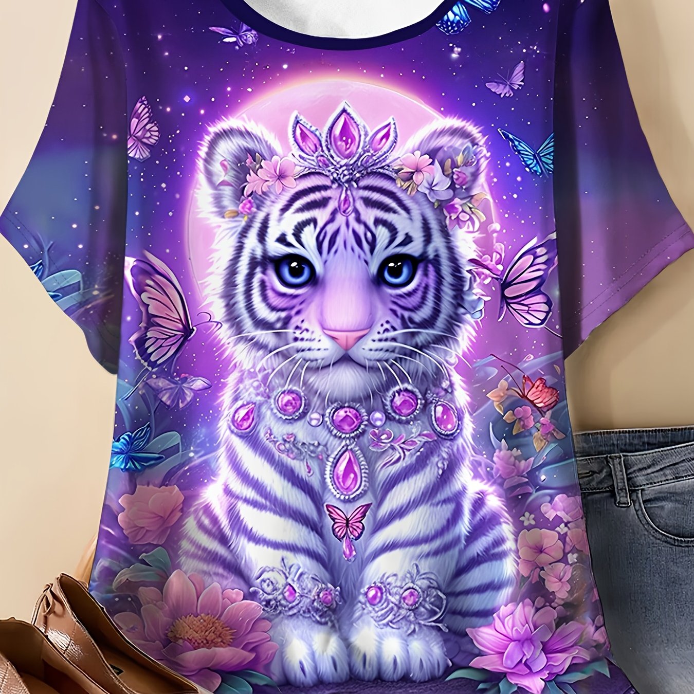 TEMU Plus Size, A Cute White Tiger Cub With , Wearing A Crown And Necklace, Surrounded By Butterflies And Flowers. Plus-size Women's T-shirt With An