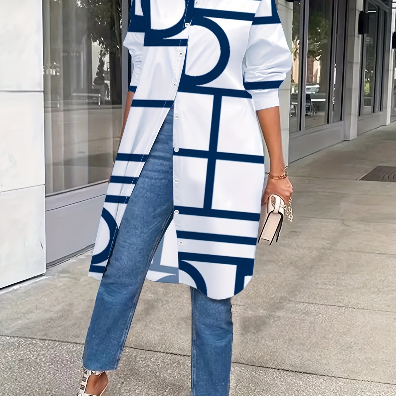 Women's Printed Button-front Long Sleeve Long Shirt