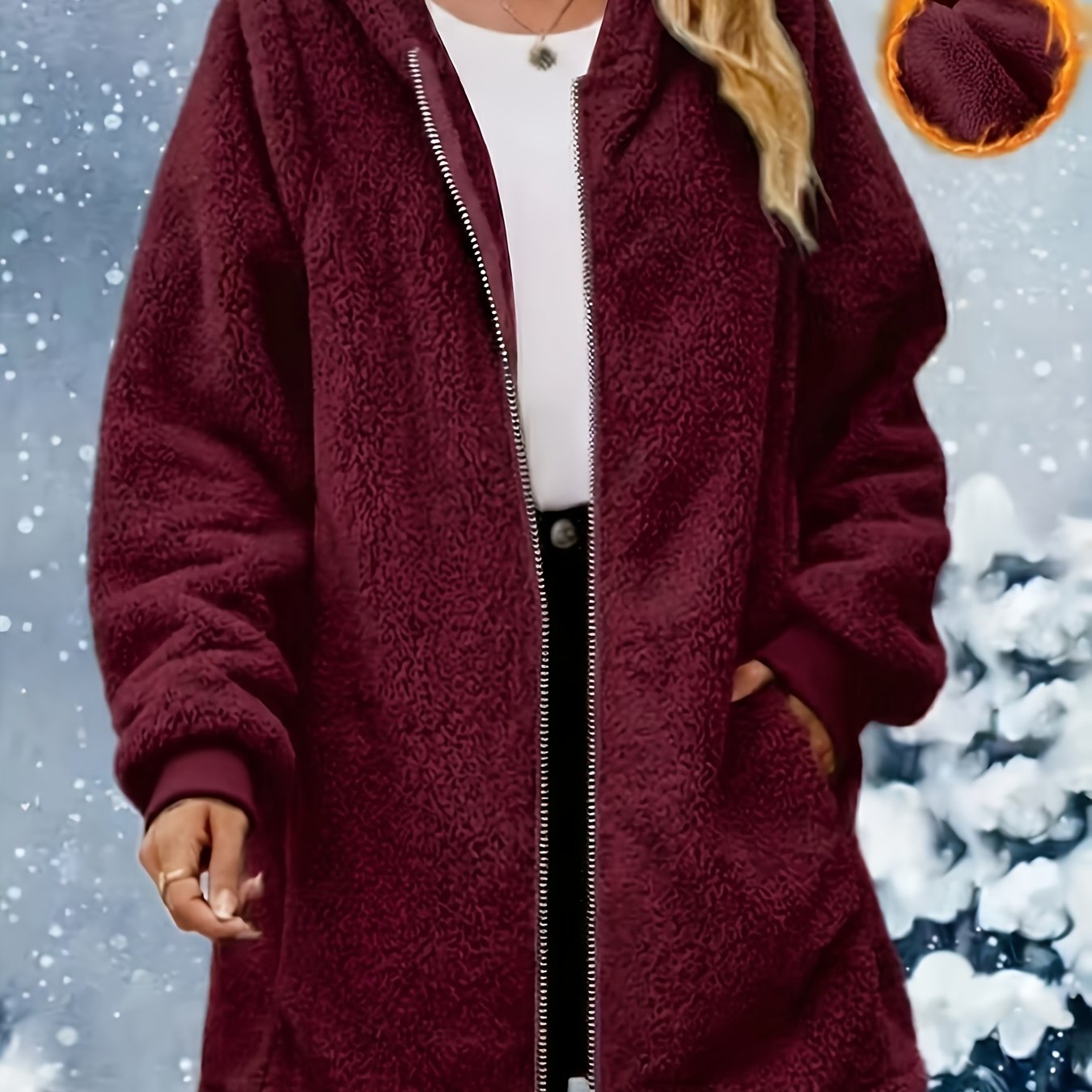 TEMU Plus Size, Women's Plus-size Plush Hooded Cardigan Jacket - Zippered Winter With Hood, Zipper Closure & Zipperable Hood, Machine Washable Warm