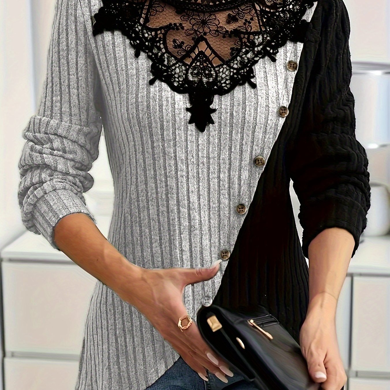 Plus Size - Plus Size - Women's Elegant Lace Top, Fashionable Modern Lace Long Sleeve, Regular Sleeve Round Neck Work Casual Romantic Top, Holiday Wear, Winter