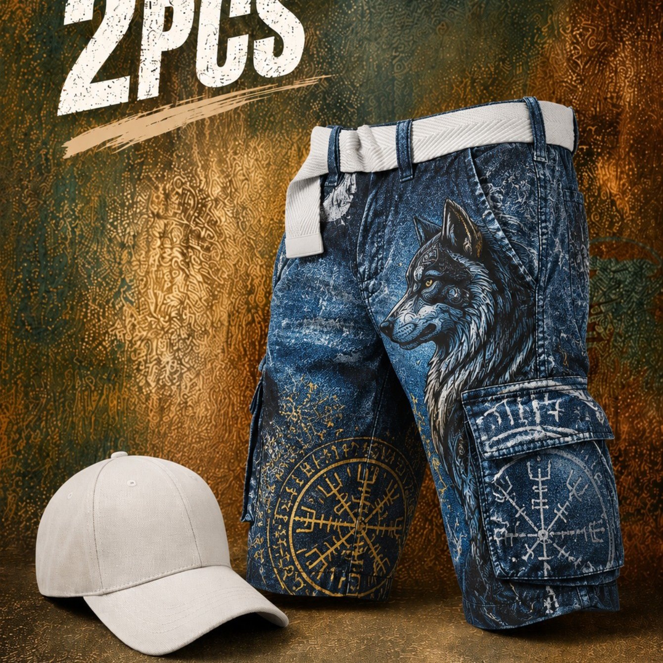 TEMU 2pcs (pants And Hat) Men's Denim Cargo Shorts With Wolf Compass Print, Light Blue, Lightweight Durable For Outdoor Travel, Daily Casual Wear,