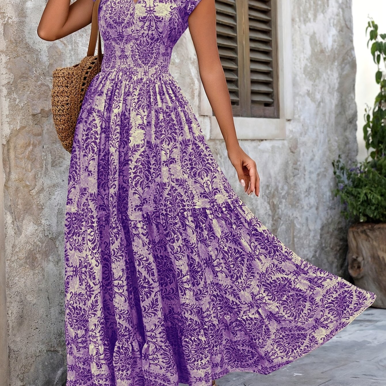 Dp022037 Spring/ New Women's Printed Short-sleeve V-neck Long Dress