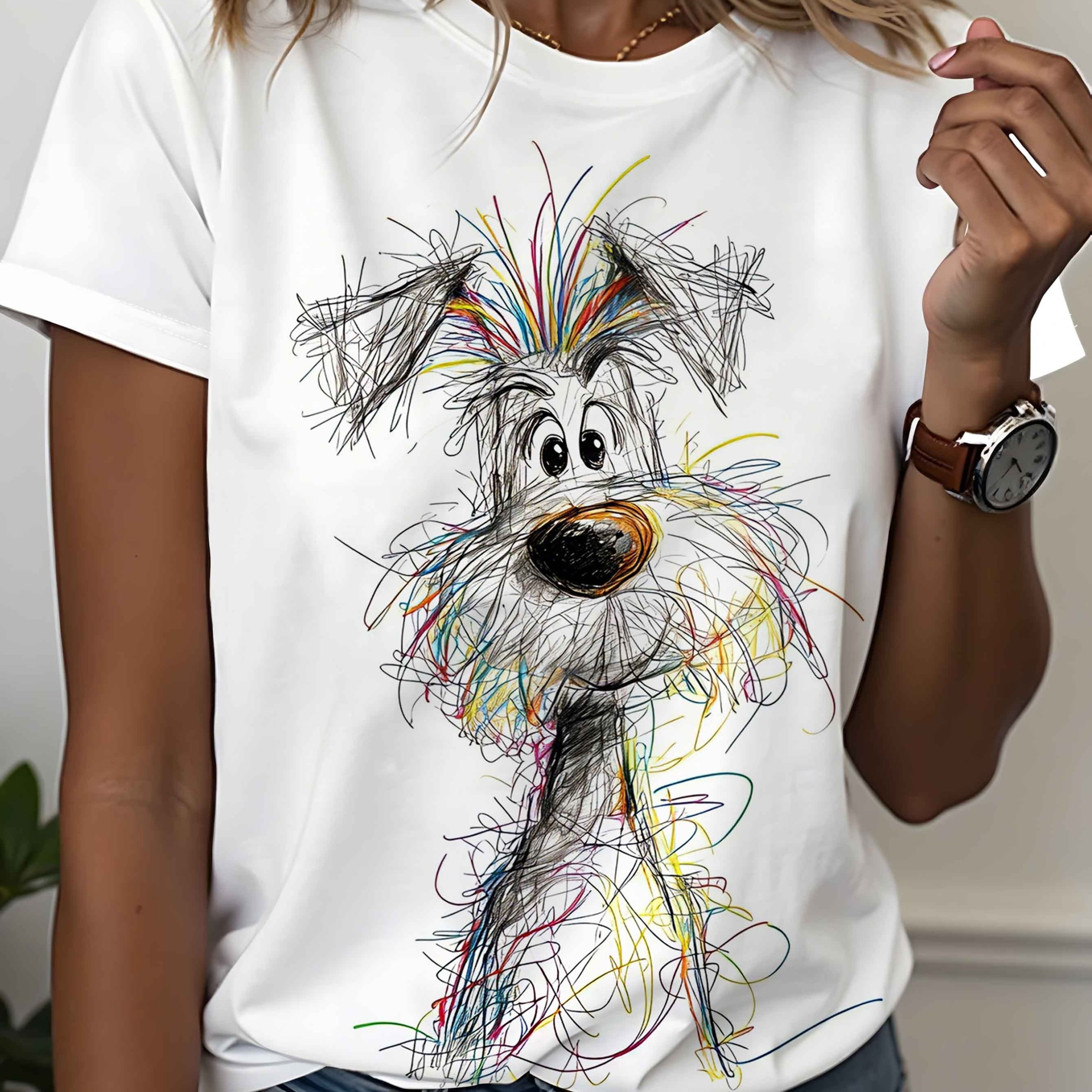 TEMU Women's Clothing, 1pc Round Neck Short Sleeve Printed T-shirt, Cute Hand-drawn Messy Line Puppy Pattern, Adorable Print, , , Suitable For Spring