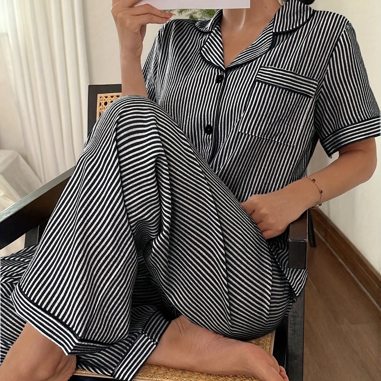 E-shop Damen Regular Fit Gestreifte Hosen Pyjama Set, Damen Pyjama mit Knopfleiste, Damen Gestreifte Pyjamas