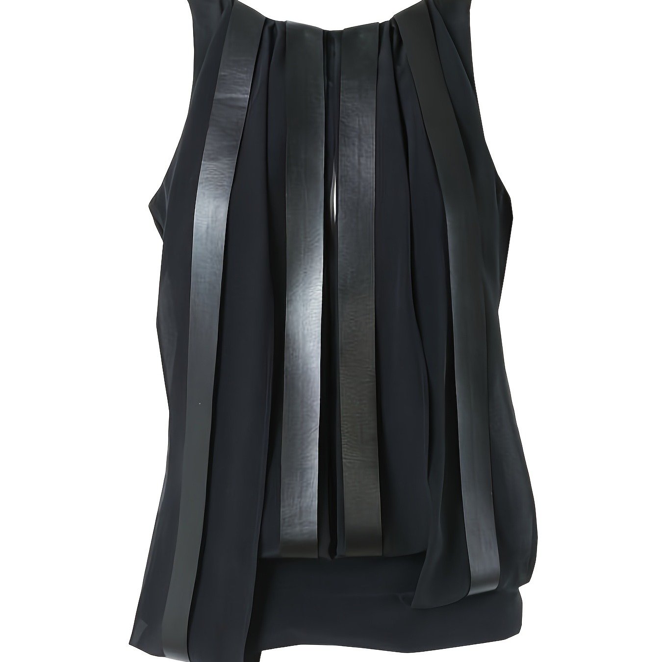 Image of Women' Size Black Paneled Pu Strap Sleeveless Round Neck Loose Chiffon Top, Spring Summer Casual Daily Wear