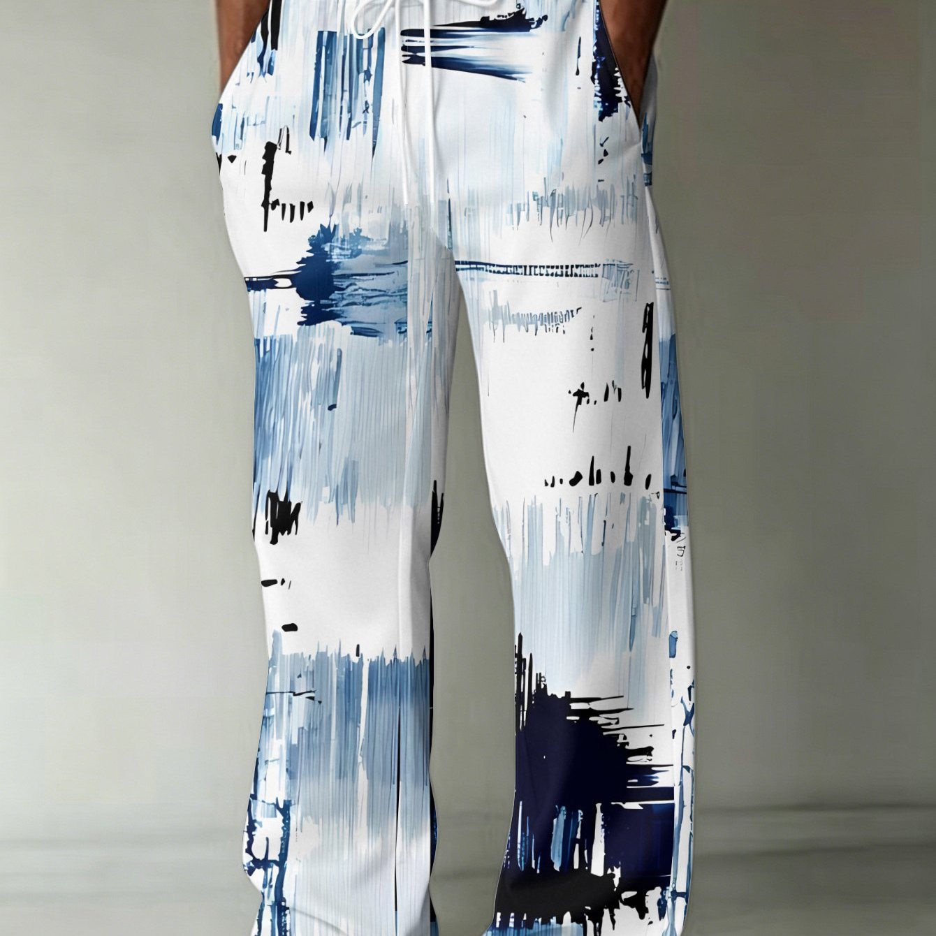 TEMU Men's Fashion Printed Straight-leg Pants With Blue And White Abstract Interweaving, An Artistic Visual. Features Pockets And Drawstring Design,
