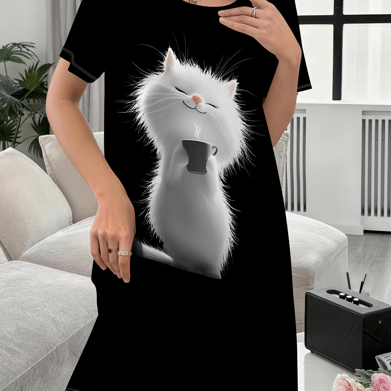 TEMU Nuisette décontractée pour femmes, imprimé et blanc, vêtement de nuit décontracté, confortable , chemise de nuit pour femmes, vêtement élégant