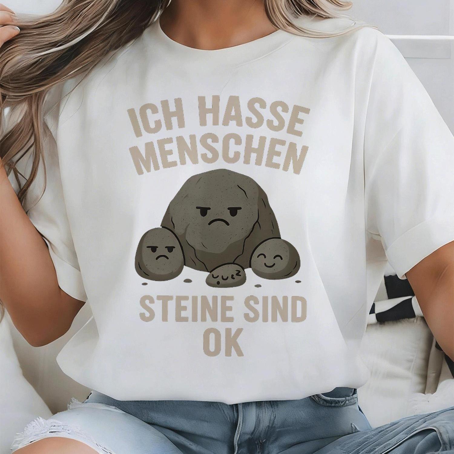Image of Plus Size, T-shirt With German Text "i Hate People, Stones Are Okay" German Language Print Y2k Oversized Unisex T-shirt For Men Women Retro 2000s Streetwear Baggy Graphic Tee