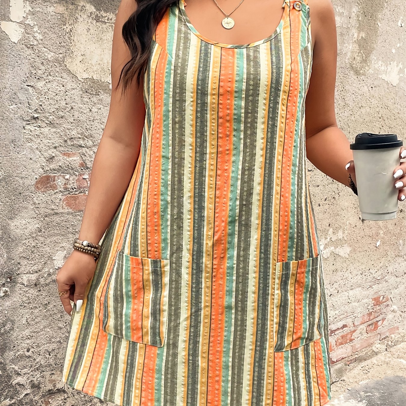 TEMU Plus Size - Plus Size - Plus Size Women's Striped Print Pocket Dress, Fashion Adjustable Button-up Vest Round Neck Dress